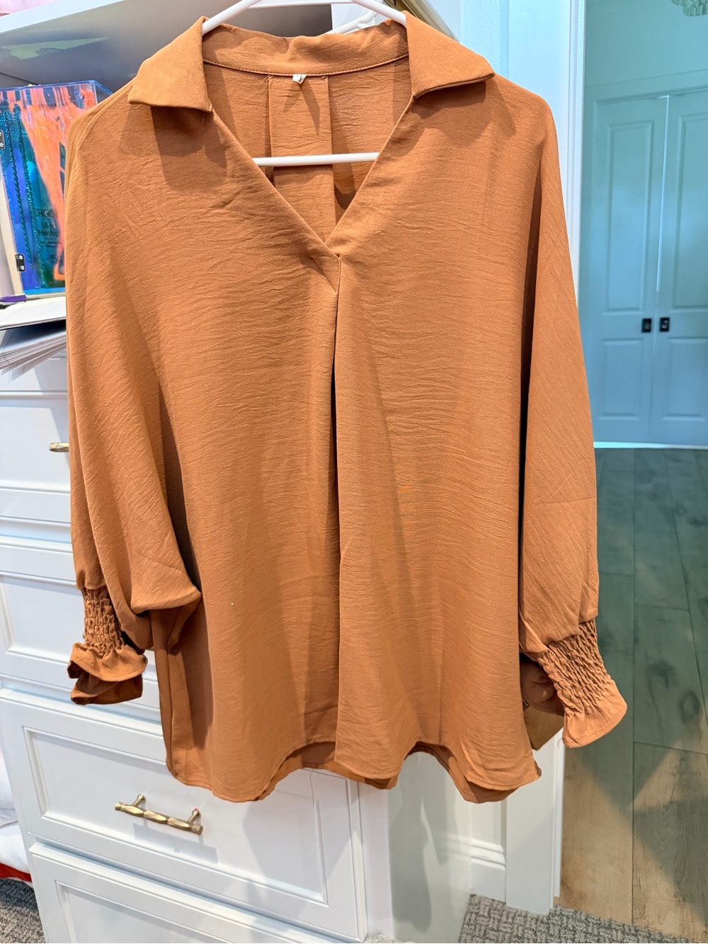 Women's Collared Rust Orange Blouse with Shirred Cuffs